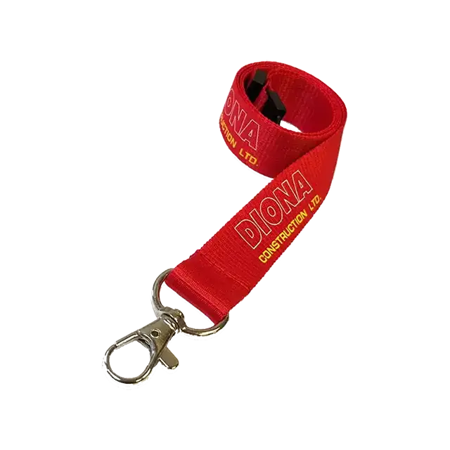 A Red Screen Printed Lanyard With White & Yellow Text