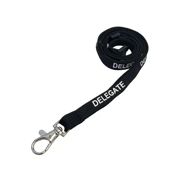 Delegate Lanyard a black lanyard with white screen printed text.