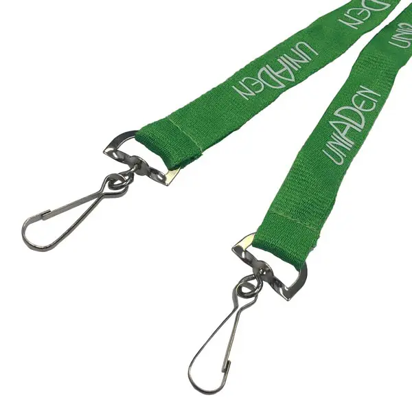 Dyed Screen Printed Bamboo Double Clip Lanyard a green lanyard with white screen printed text and logo.