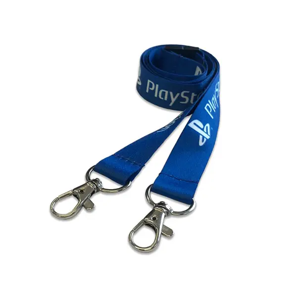 Full Colour Double Clip Lanyard a royal blue lanyard with white text and logos.