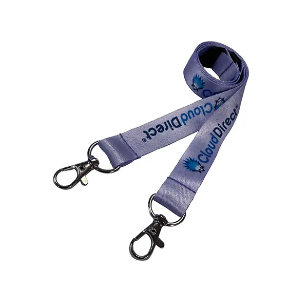 Full Colour Recycled Double Clip Lanyard a lilac lanyard with a logo and wordmark in blues and blacks.
