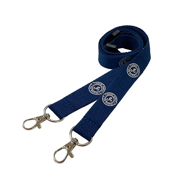 Metallic Double Clip Lanyard a navy blue lanyard with a silver metallic screen printed logo.