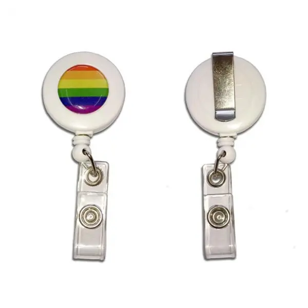 a white badge reel with a rainbow epoxy dome.