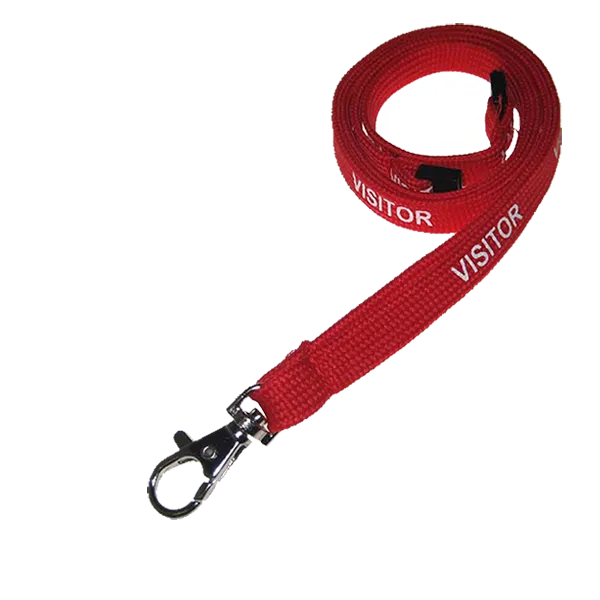 A pre-printed visitor lanyard in red with white text